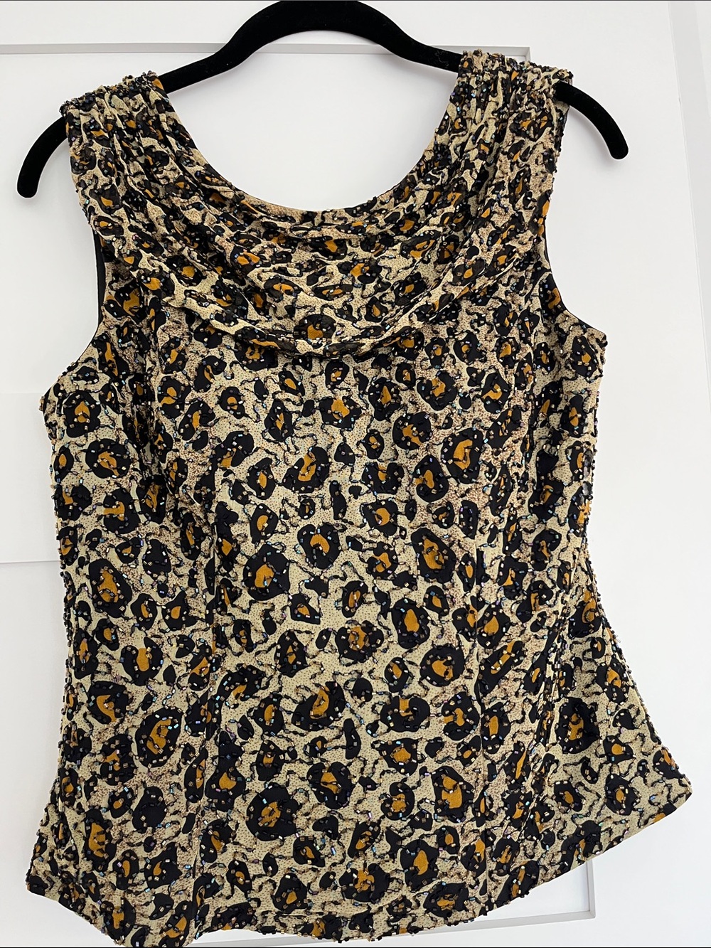 Sean Collection Green and Black Leopard Print Sequined Cowl Back Camisole